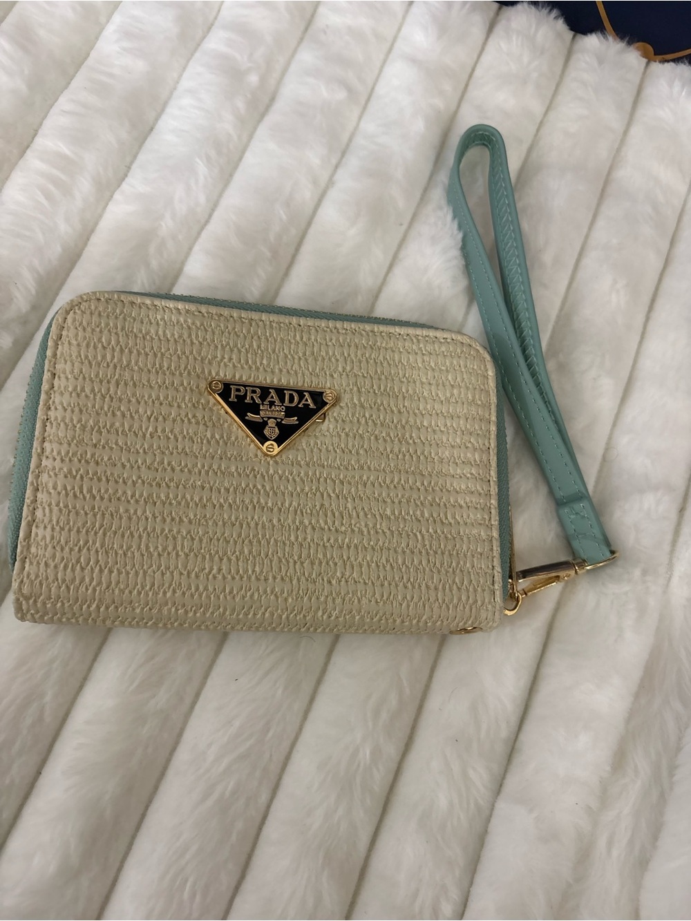 & Other Stories Cream Woven Wristlet with Mint Trim and Gold Logo